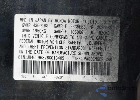 2006 Acura Tsx from USA, damaged, VIN JH4CL96876C013405